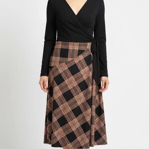 Robbie Bee Black and Brown Plaid Wrap Midi Dress